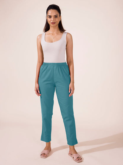 Mid-Rise Cropped Cotton Pant Trousers (Dusty Blue)