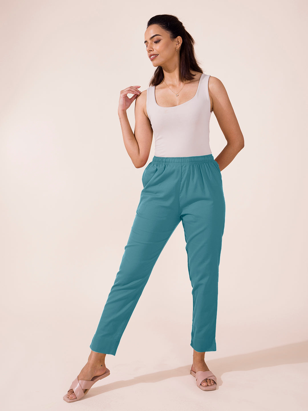 Mid-Rise Cropped Cotton Pant Trousers (Dusty Blue)