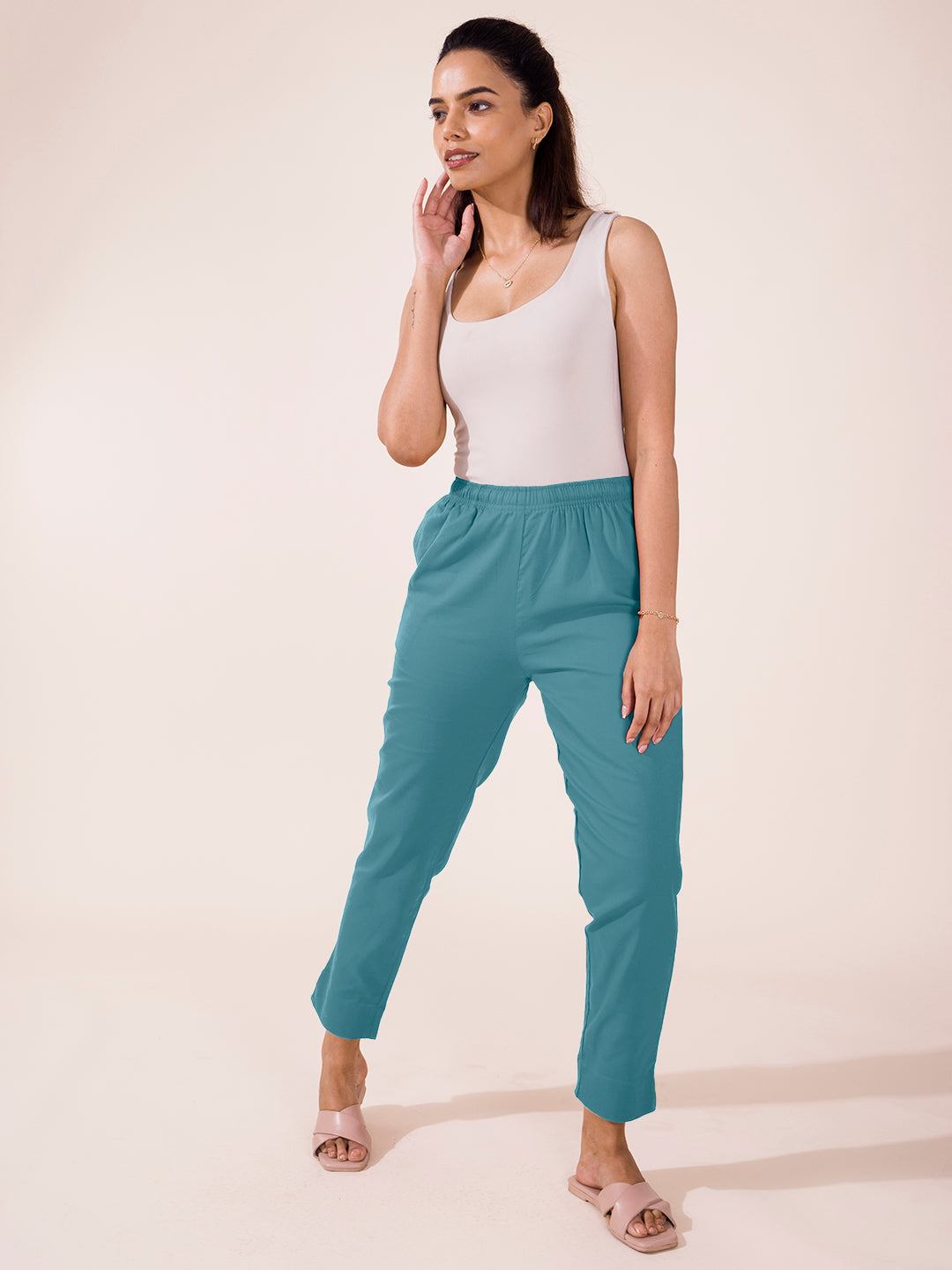 Mid-Rise Cropped Cotton Pant Trousers (Dusty Blue)