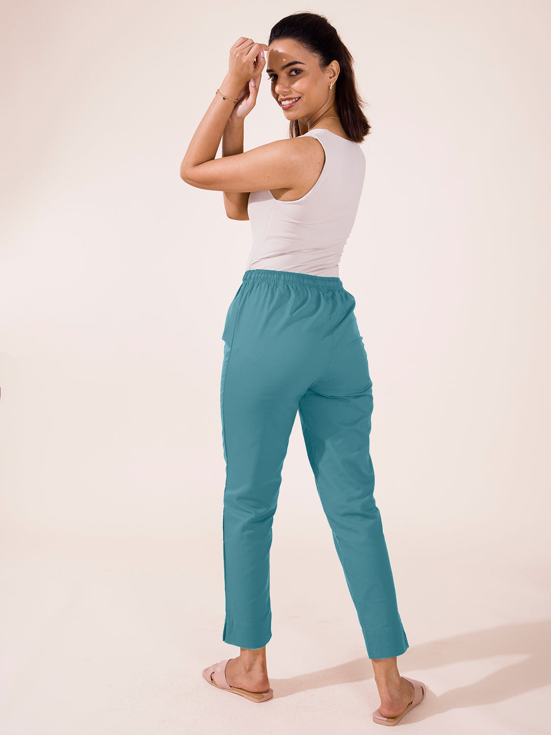 Mid-Rise Cropped Cotton Pant Trousers (Dusty Blue)