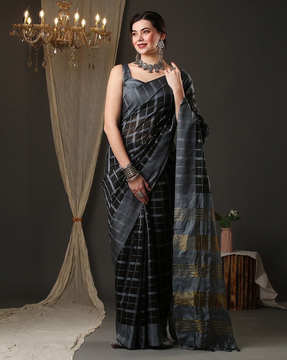 Glamorous Stylish Silk Black &amp; Grey Fancy Chex Saree