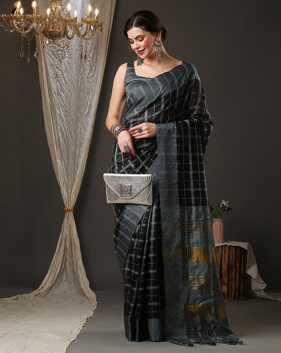 Glamorous Stylish Silk Black &amp; Grey Fancy Chex Saree