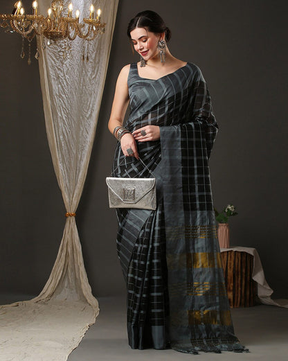 Glamorous Stylish Silk Black &amp; Grey Fancy Chex Saree