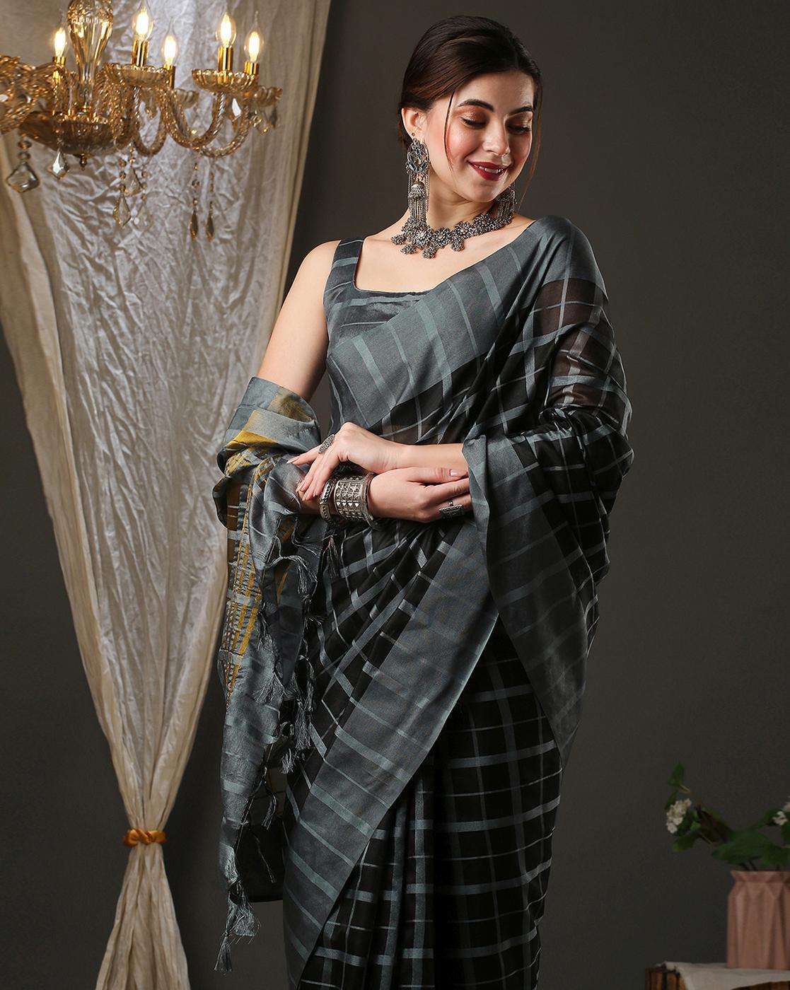 Glamorous Stylish Silk Black &amp; Grey Fancy Chex Saree