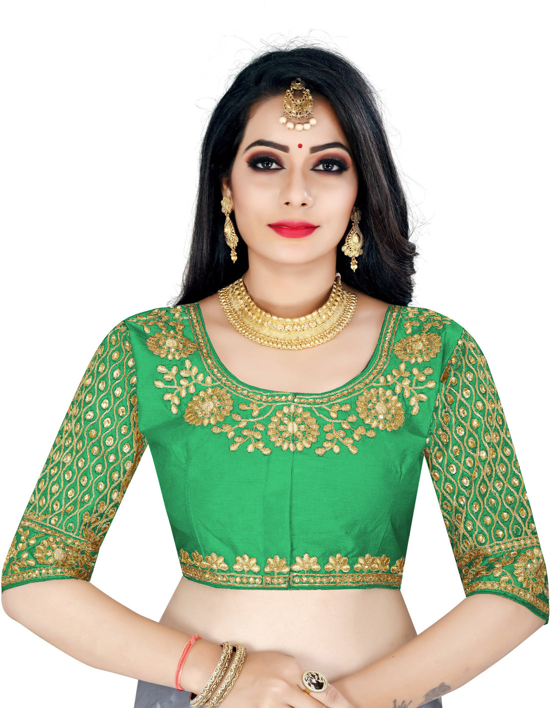 Party Wear Green Color Satin Silk Readymade Free Size Blouse