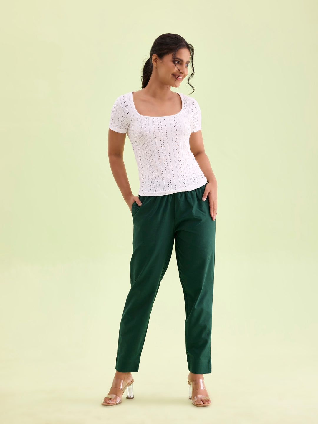 Mid-Rise Cropped Cotton Pant Trousers (Green)