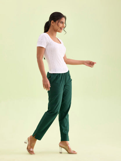 Mid-Rise Cropped Cotton Pant Trousers (Green)