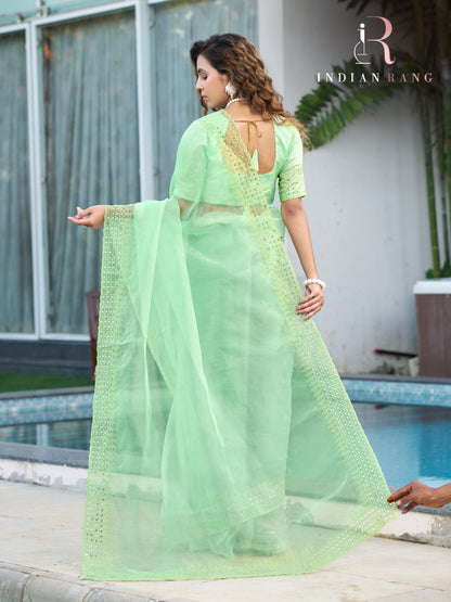 Latest Design Pure Organza Green Color Elegance Saree