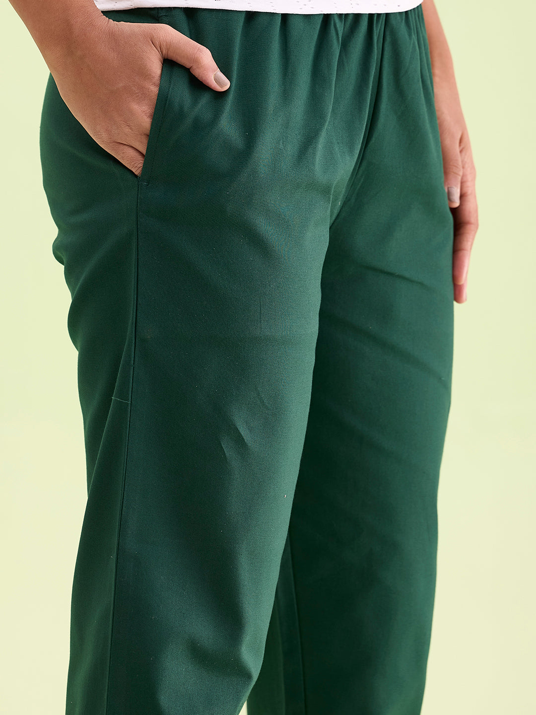 Mid-Rise Cropped Cotton Pant Trousers (Green)