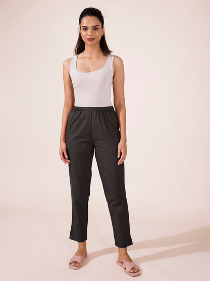 Mid-Rise Cropped Cotton Pant Trousers (Grey)