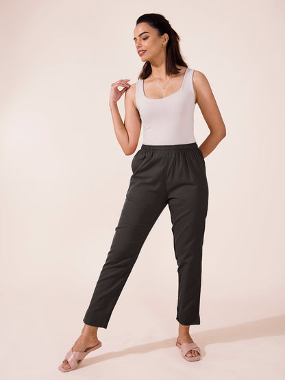 Mid-Rise Cropped Cotton Pant Trousers (Grey)