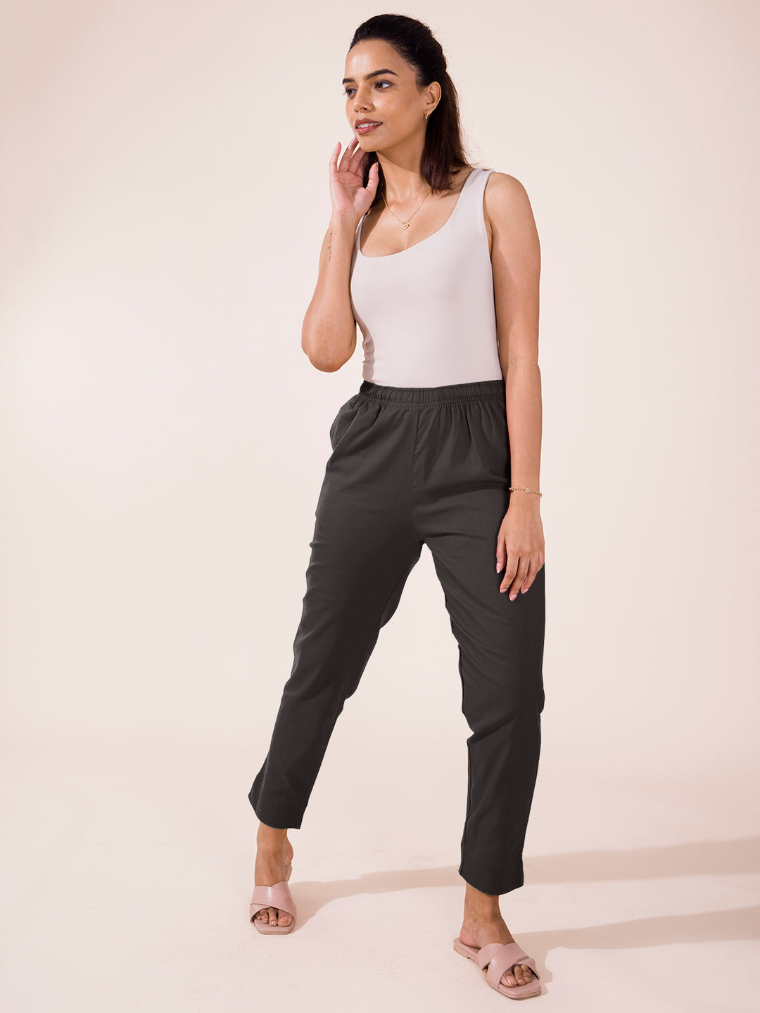 Mid-Rise Cropped Cotton Pant Trousers (Grey)