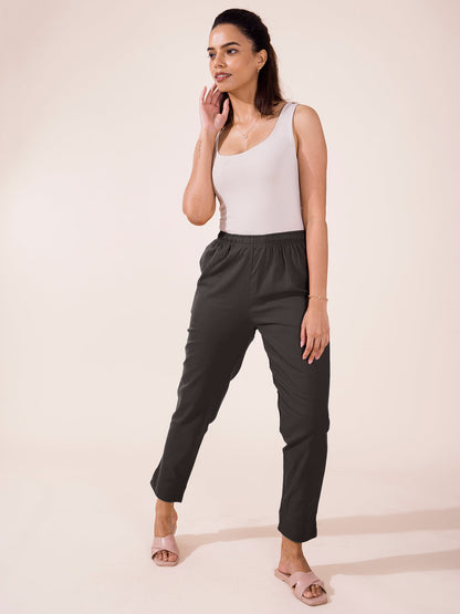 Mid-Rise Cropped Cotton Pant Trousers (Grey)