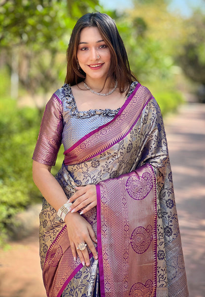 Kanchipuram Silk Grey Color Stunning Saree