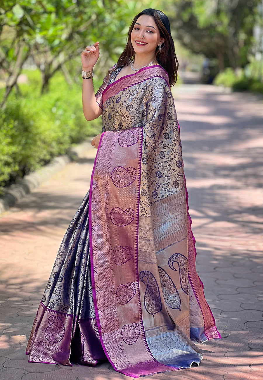 Kanchipuram Silk Grey Color Stunning Saree