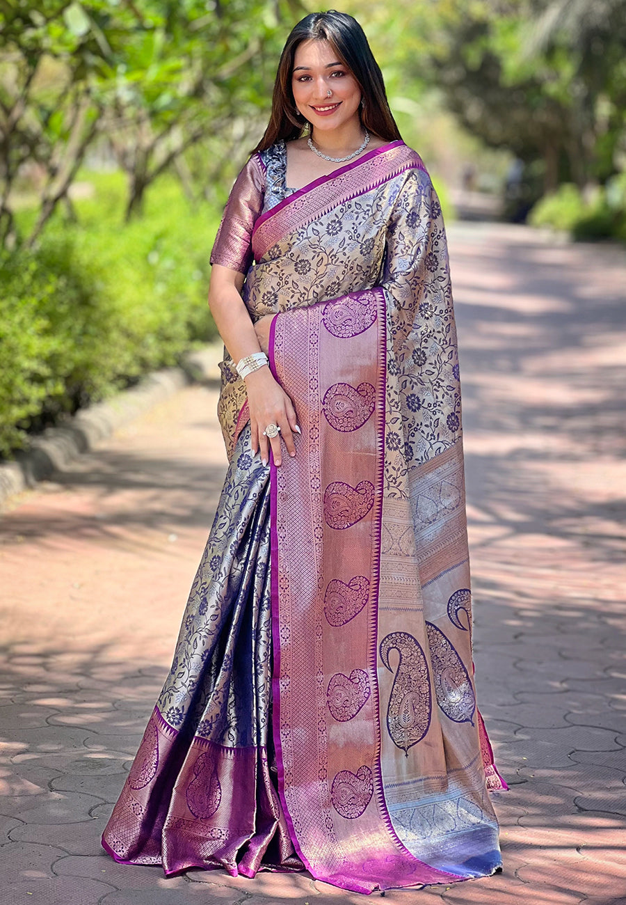 Kanchipuram Silk Grey Color Stunning Saree