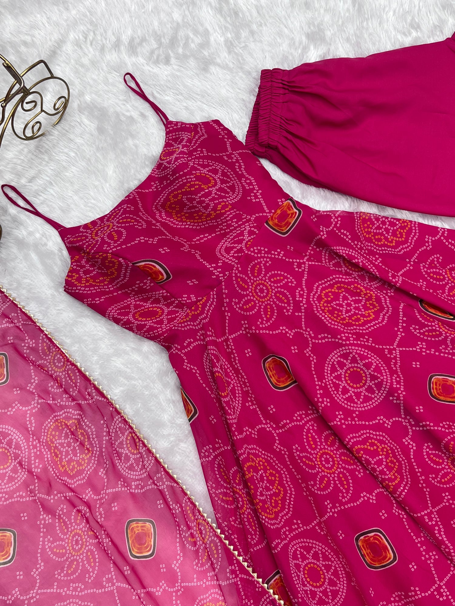 Designer Pure Chiffon Pink Color Bandhej Print Anarkali Suit