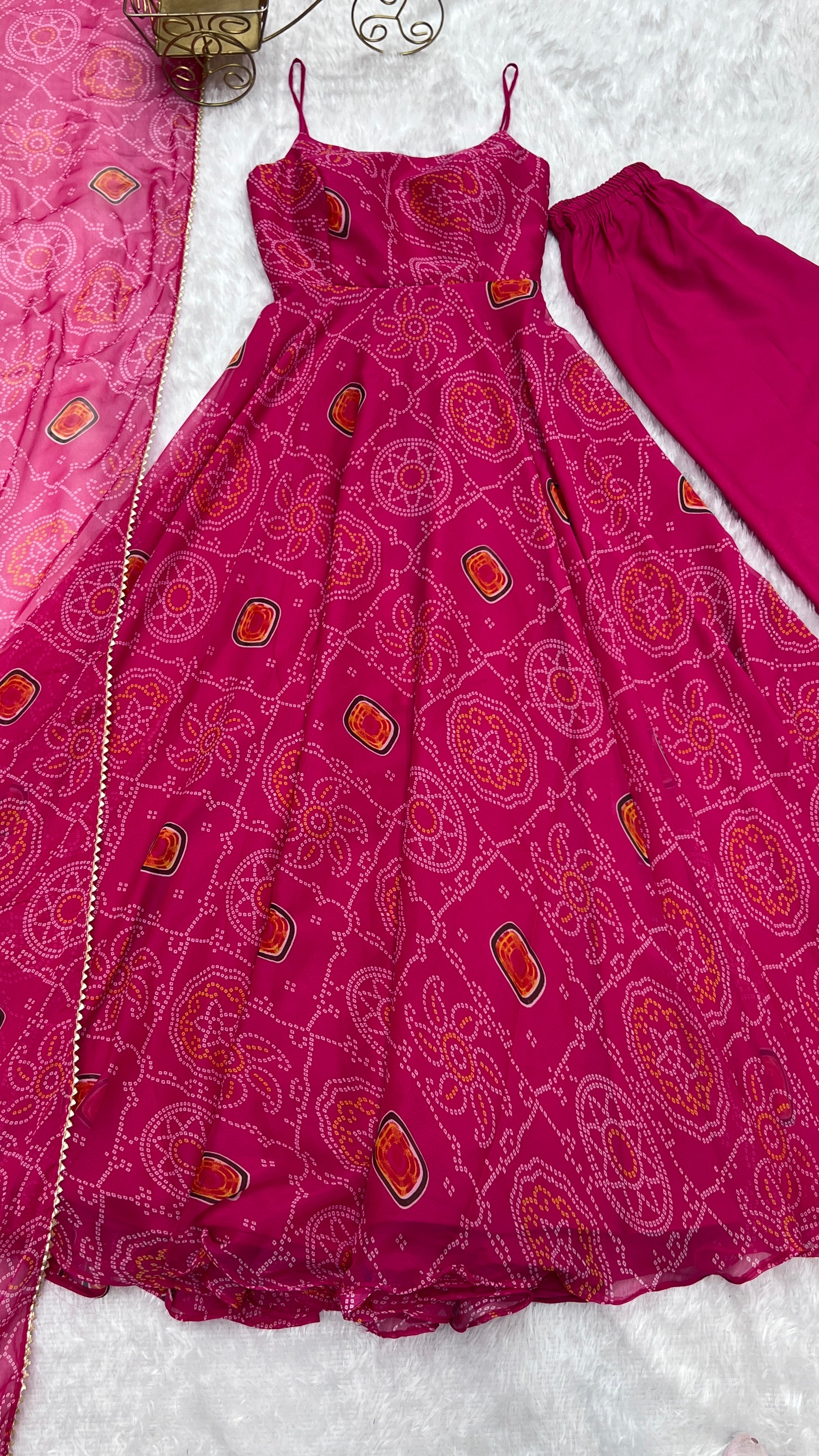 Designer Pure Chiffon Pink Color Bandhej Print Anarkali Suit