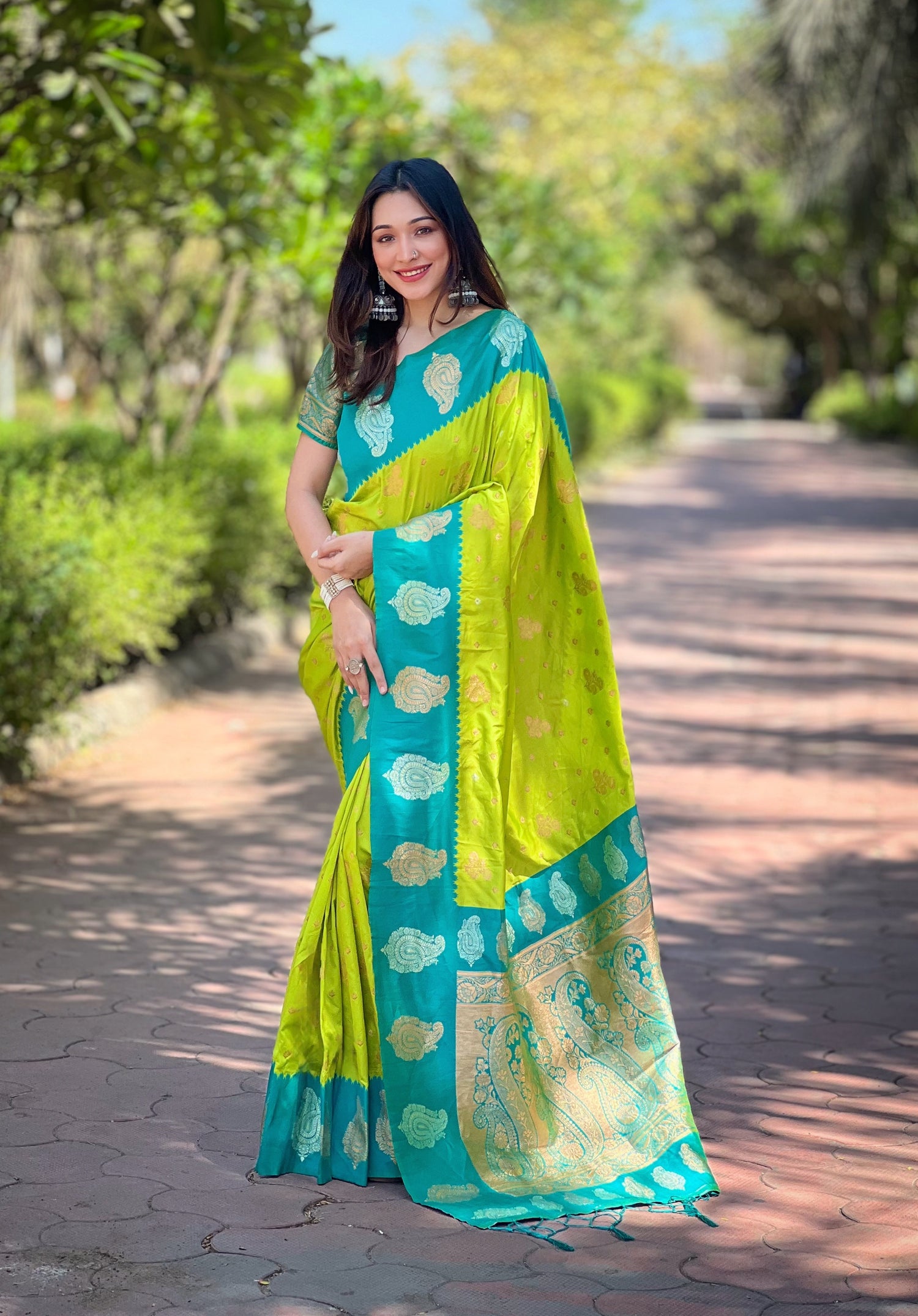 Lemon Green Paithani Silk Latest Saree