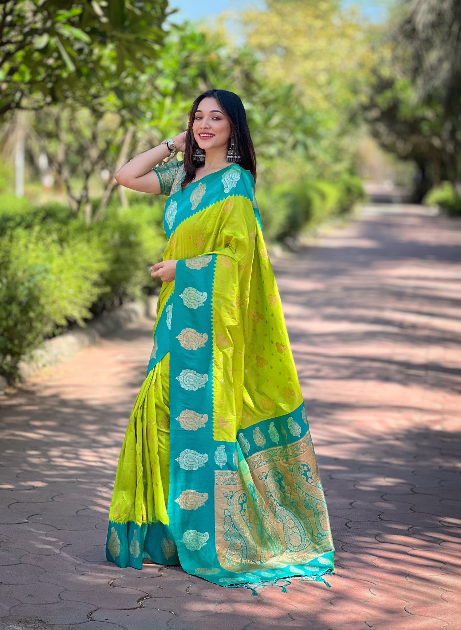 Lemon Green Paithani Silk Latest Saree