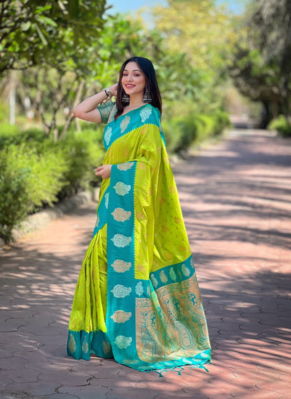 Lemon Green Paithani Silk Latest Saree