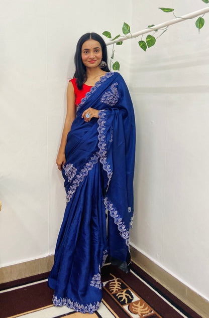 Pure Dola Silk Blue Color Saree With Heavy Border