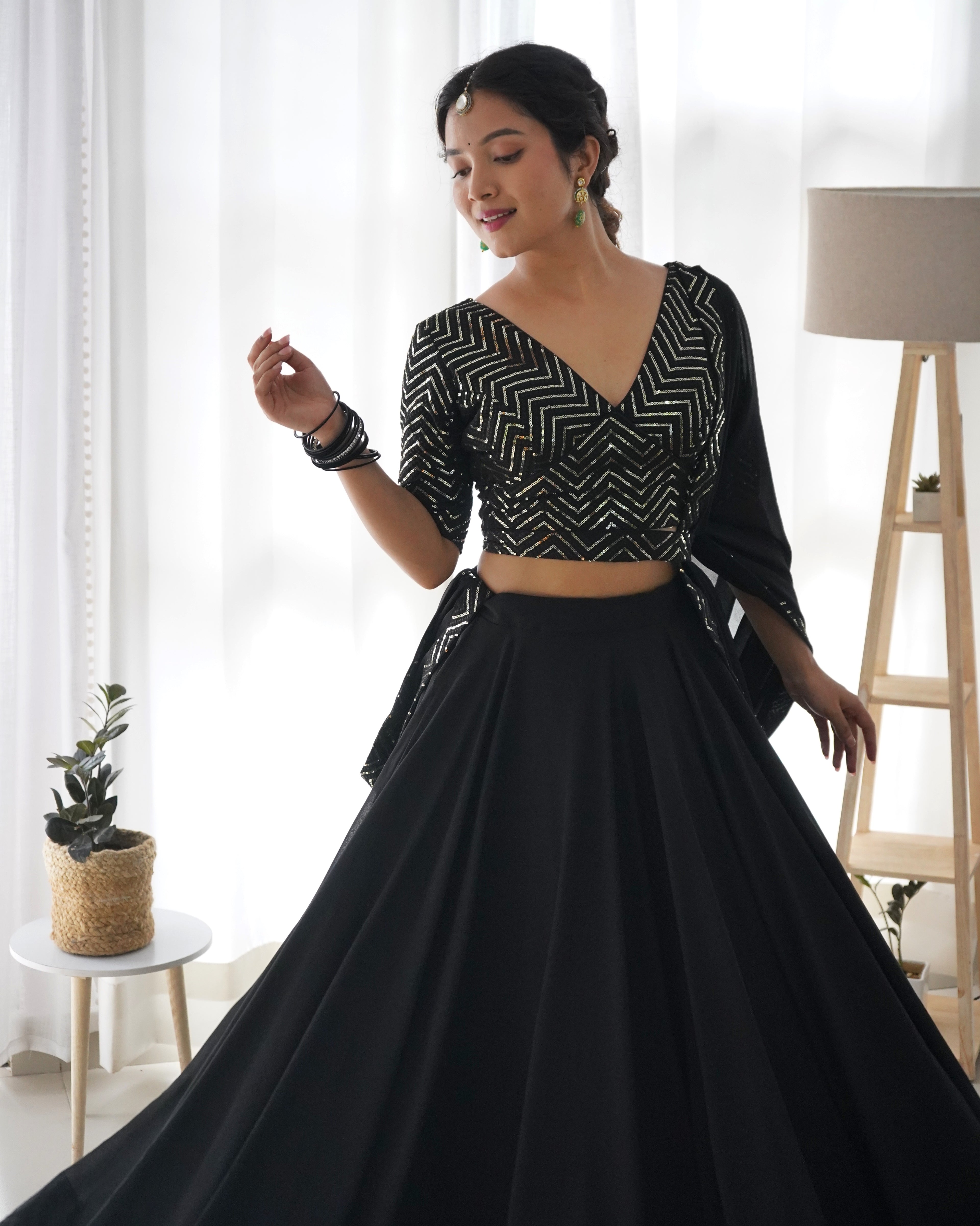 Beautiful Black Color Ready To Wear Georgette Lehenga