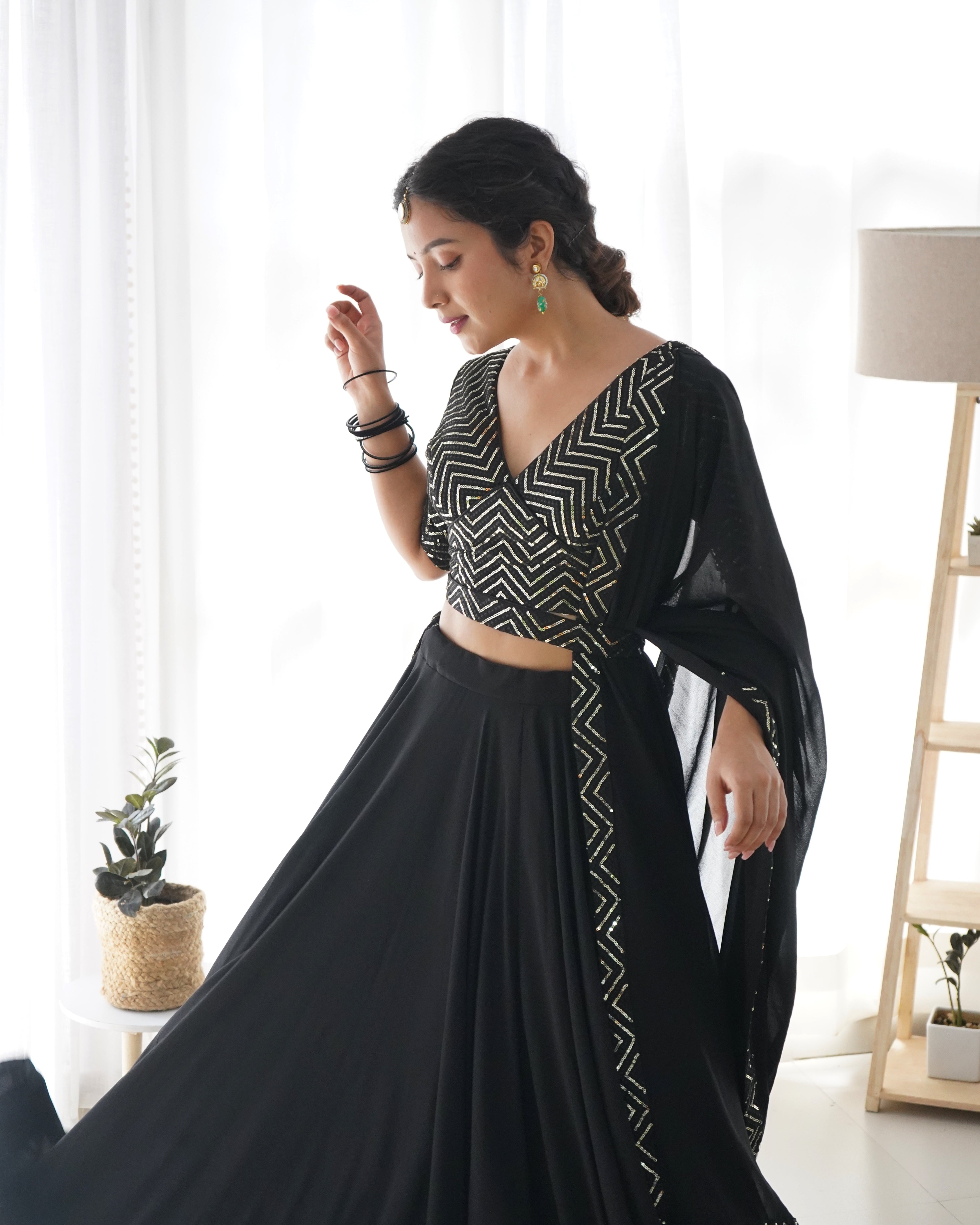 Beautiful Black Color Ready To Wear Georgette Lehenga