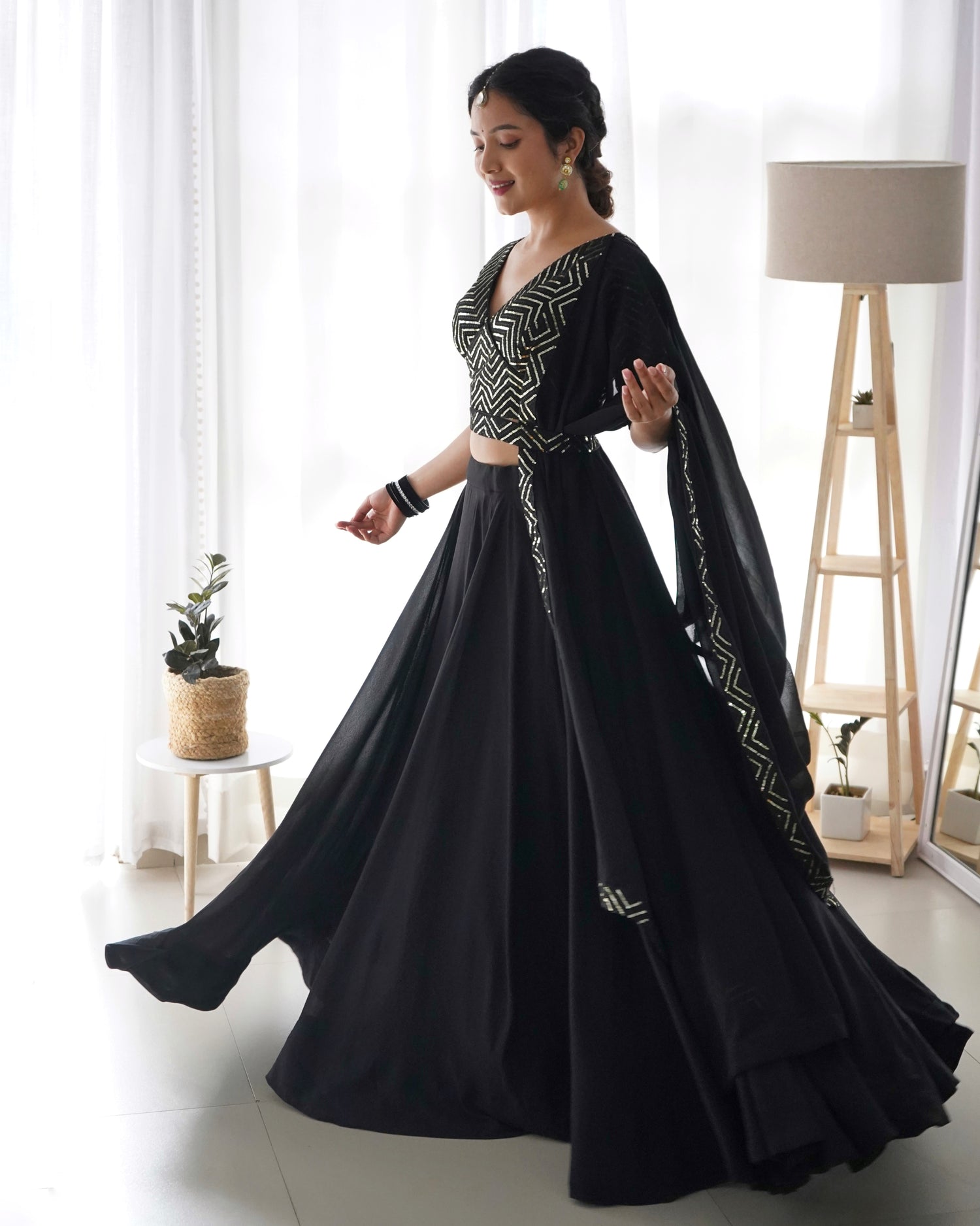 Beautiful Black Color Ready To Wear Georgette Lehenga