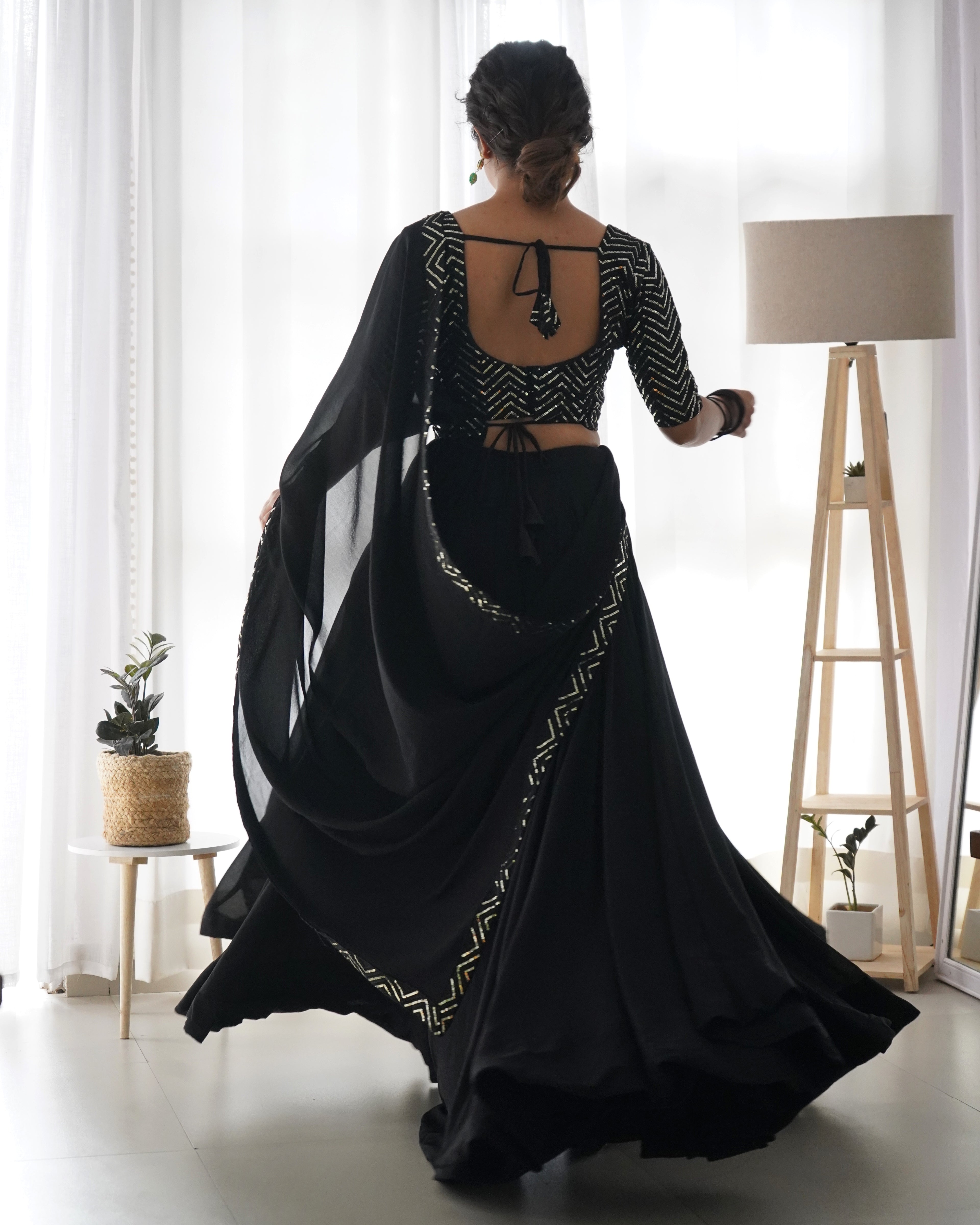 Beautiful Black Color Ready To Wear Georgette Lehenga