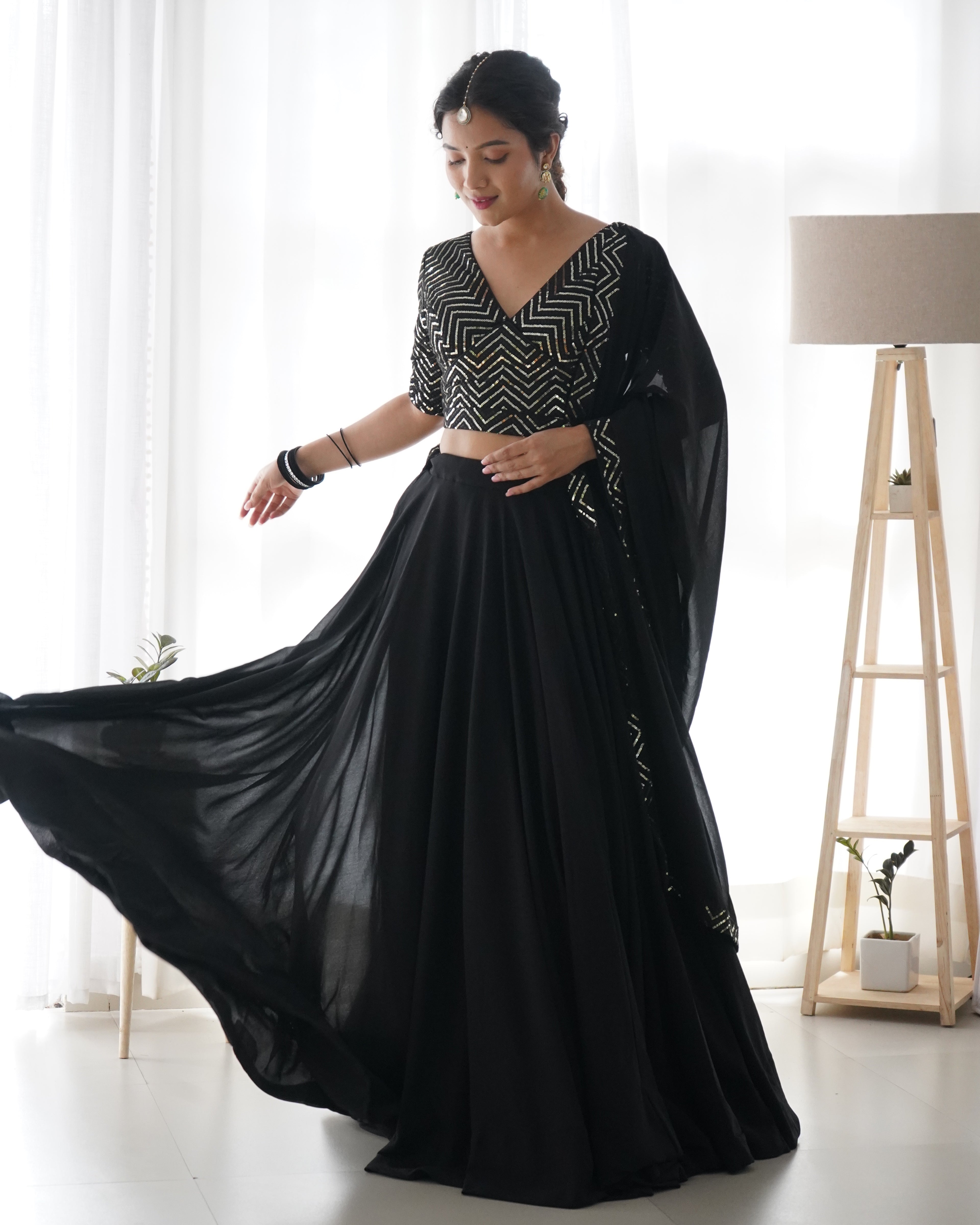 Beautiful Black Color Ready To Wear Georgette Lehenga