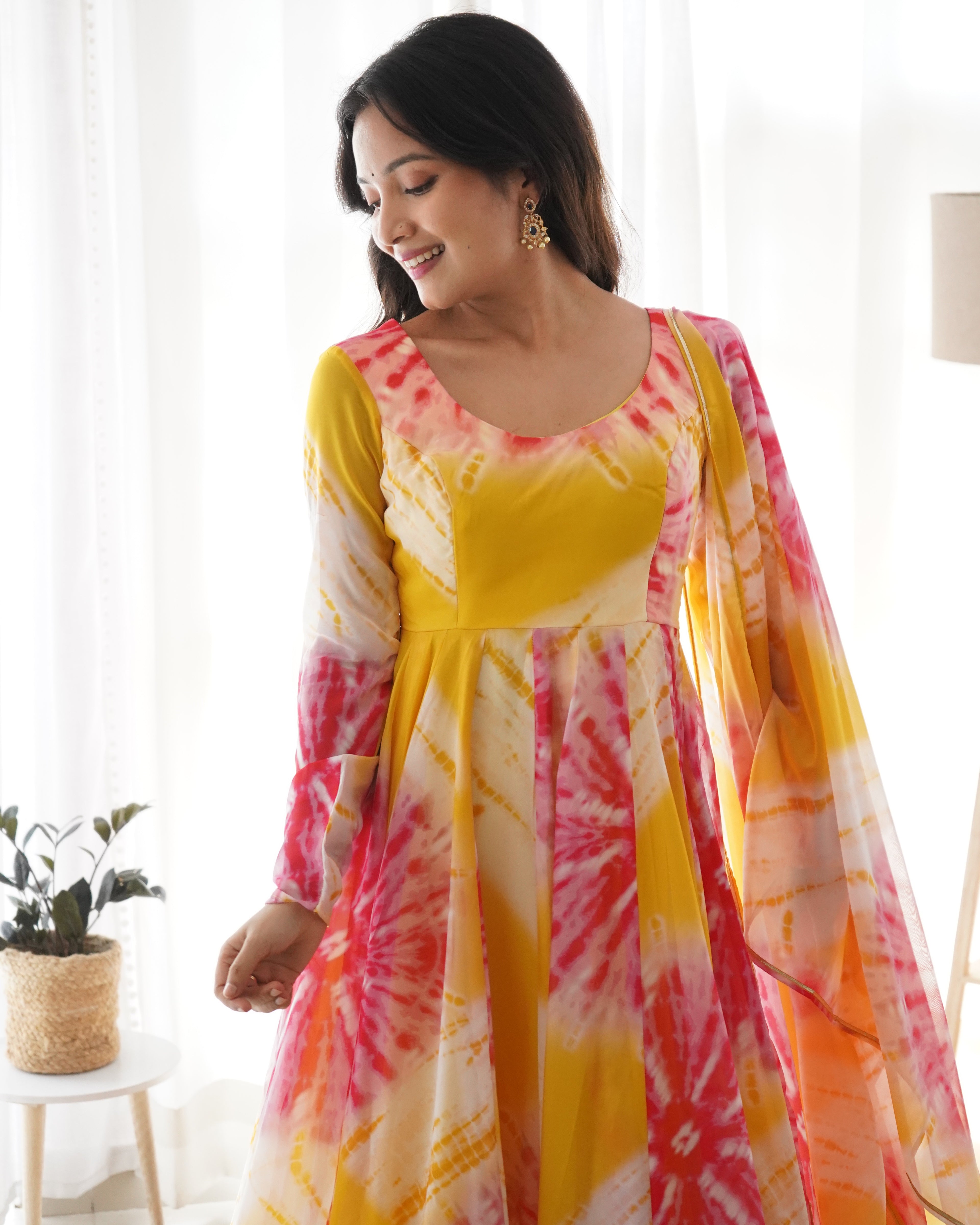 Pure Organza Silk Yellow Color Printed Anarkali Suit