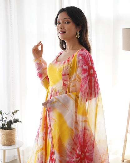 Pure Organza Silk Yellow Color Printed Anarkali Suit