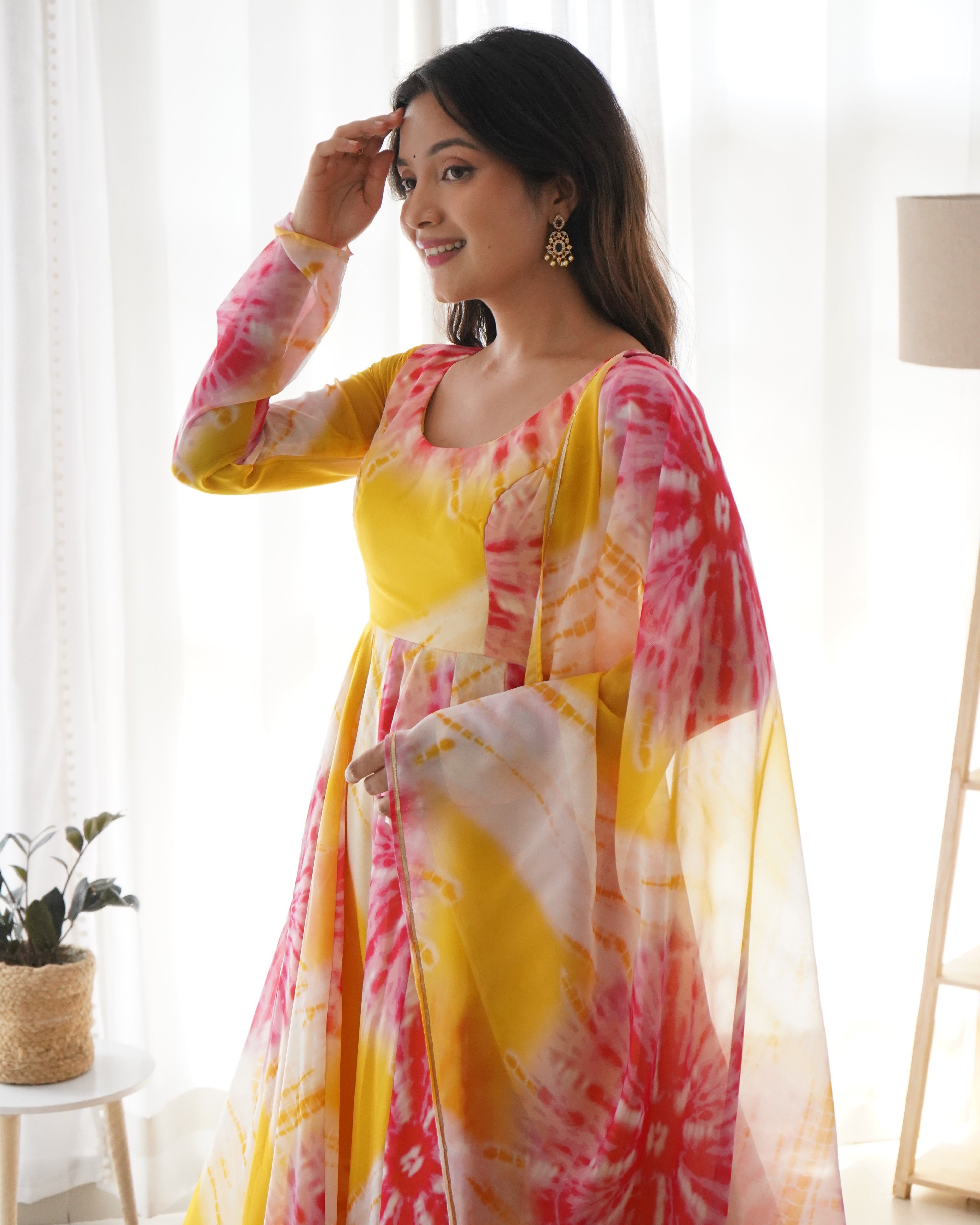 Pure Organza Silk Yellow Color Printed Anarkali Suit