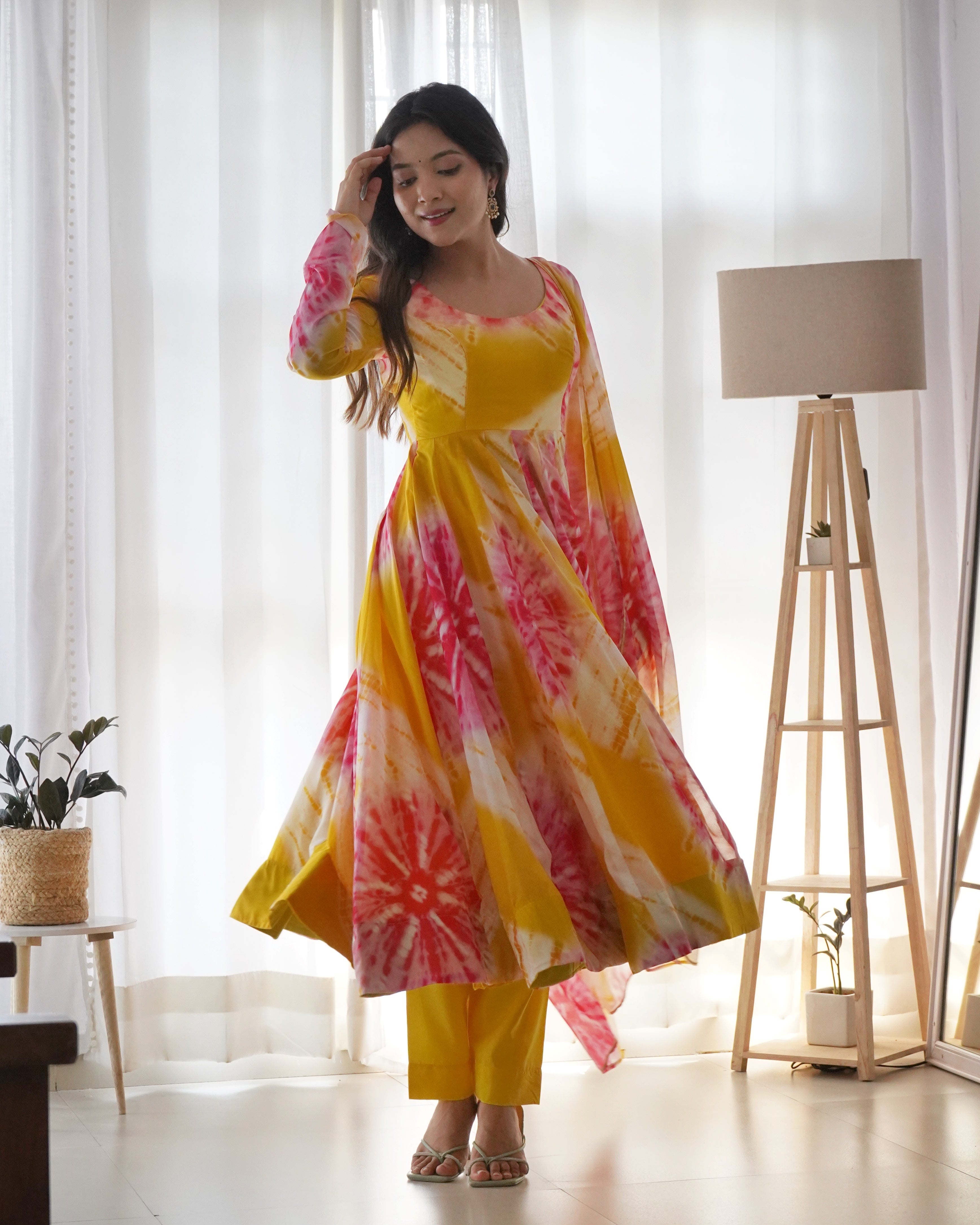 Pure Organza Silk Yellow Color Printed Anarkali Suit