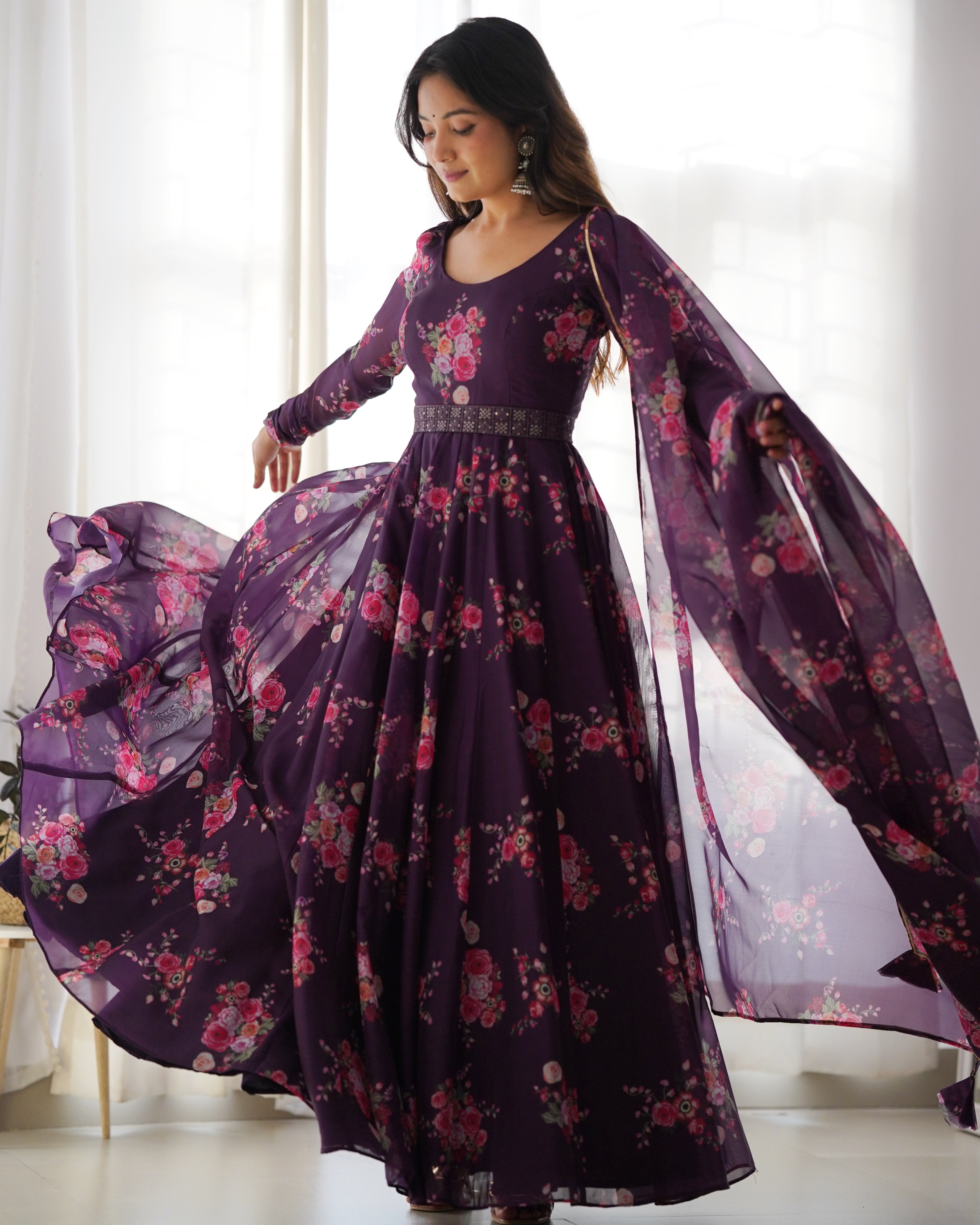 New Arrive Wine Color Floral Printed Anarkali Suit