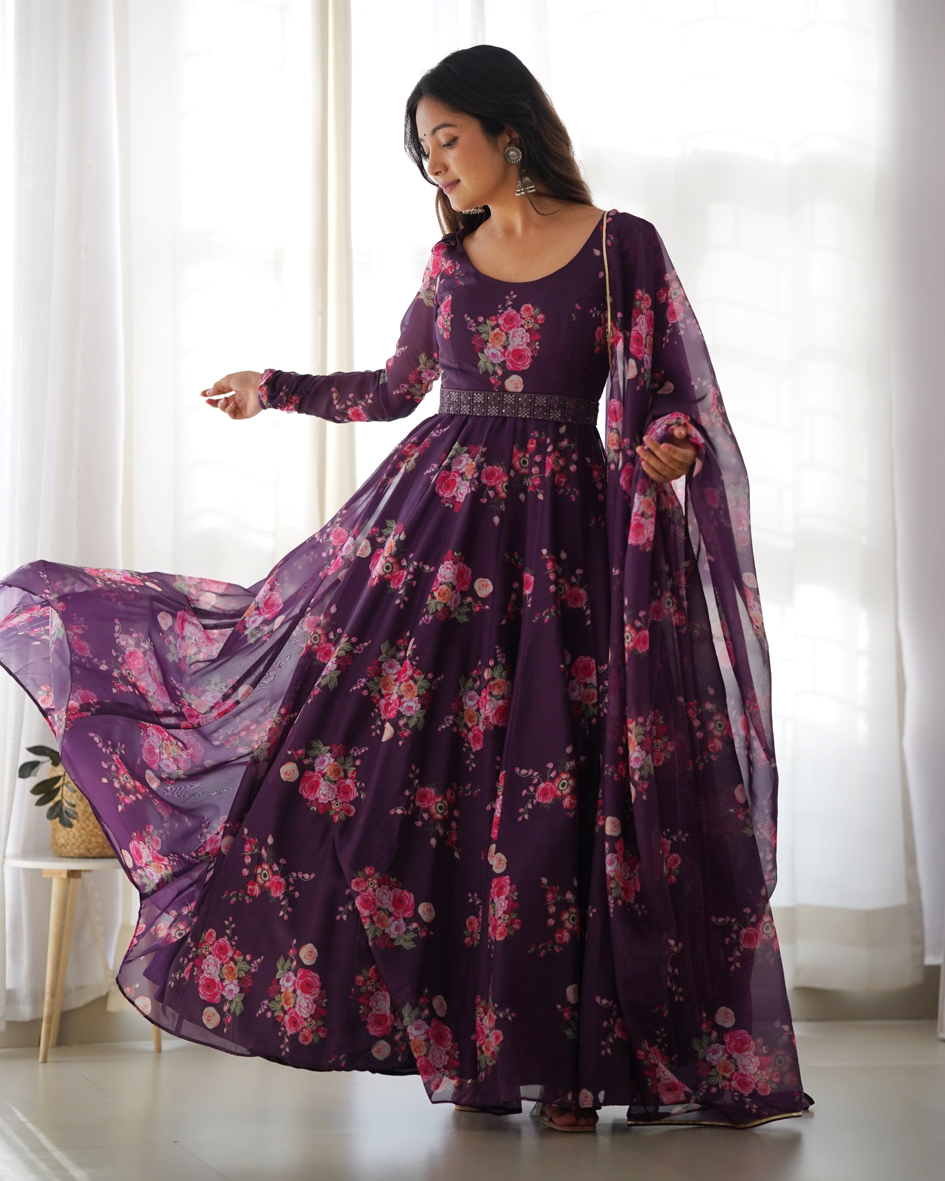 New Arrive Wine Color Floral Printed Anarkali Suit