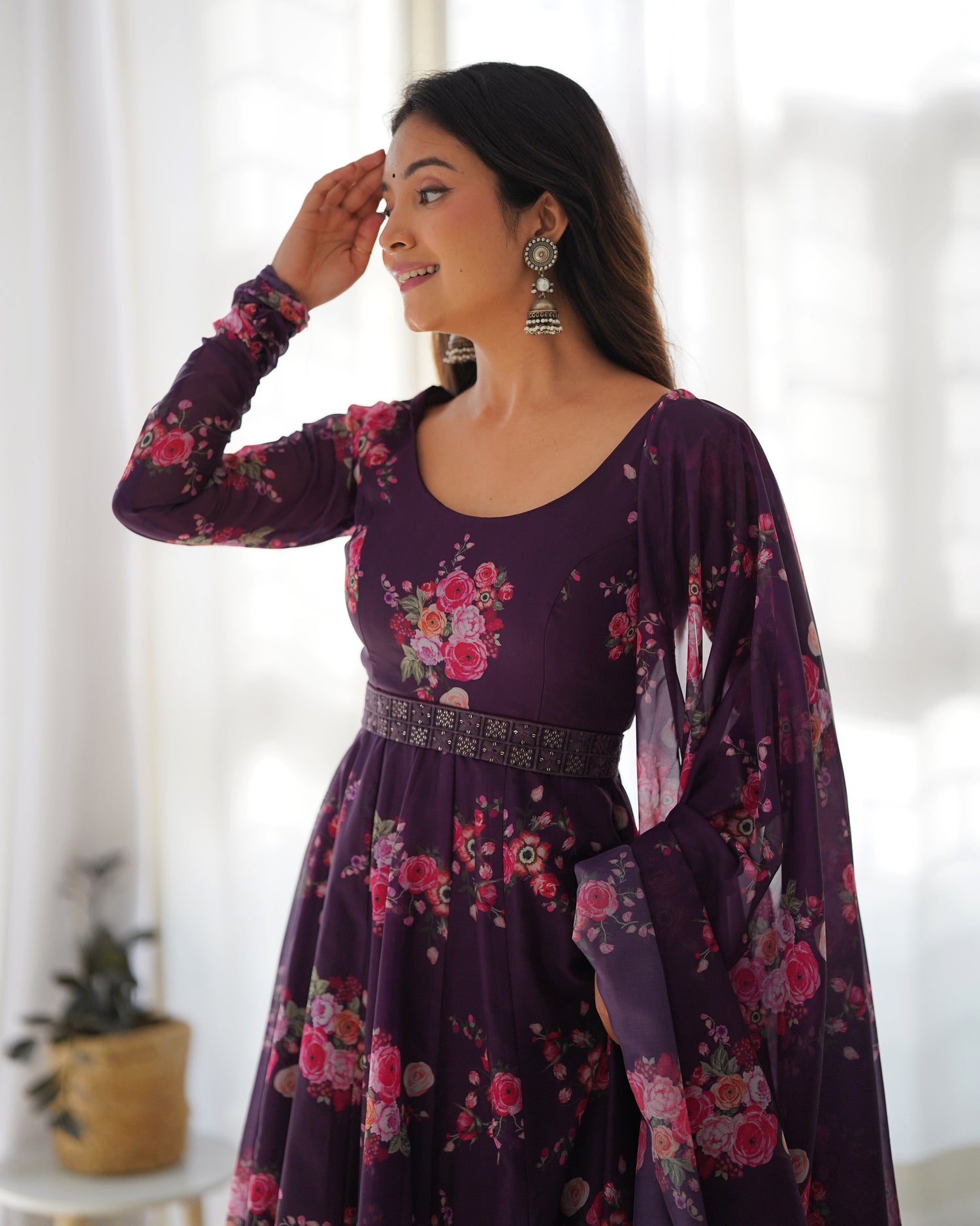 New Arrive Wine Color Floral Printed Anarkali Suit