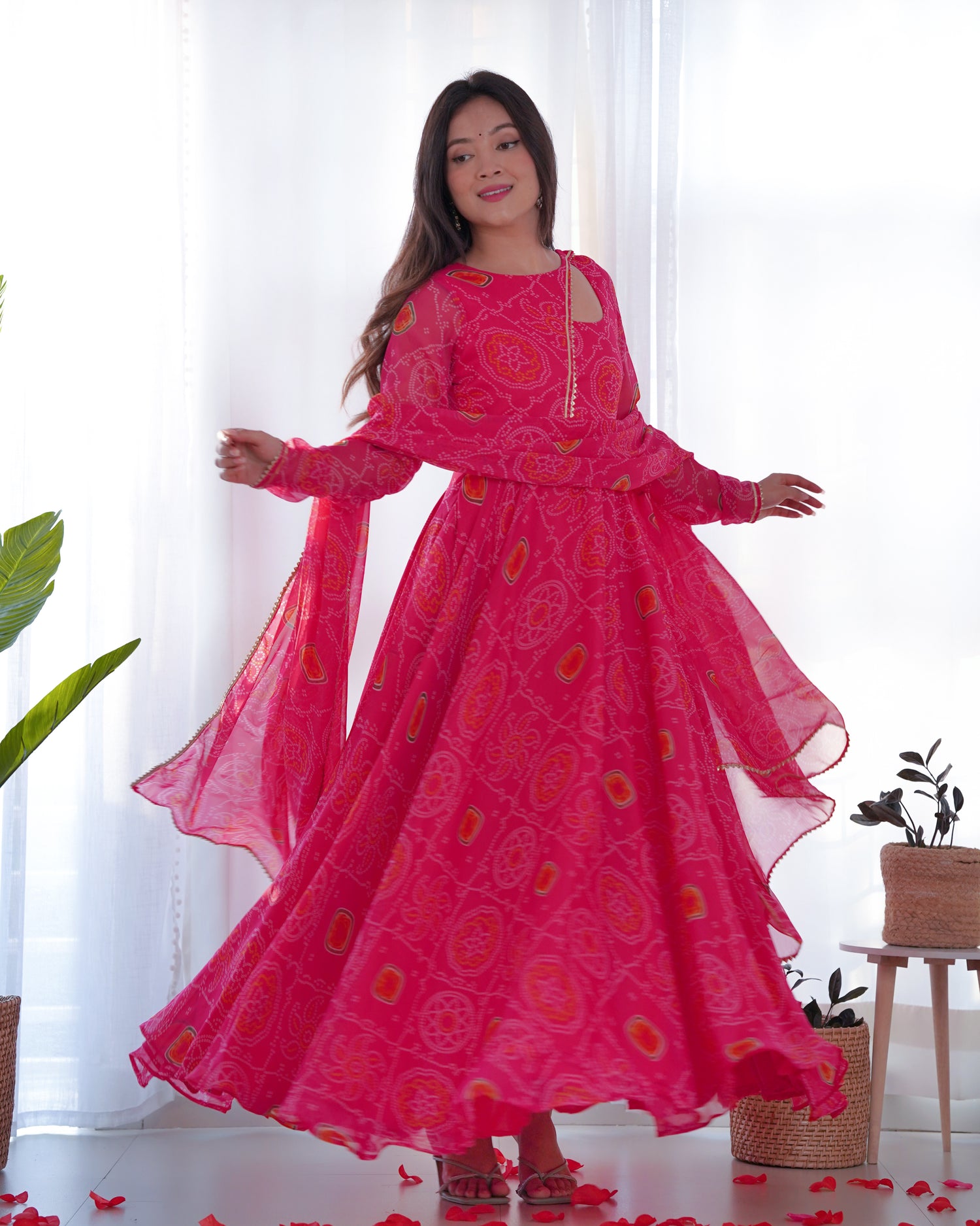 Exclusive  Pink Color Lightweight Chiffon Printed Gown Set