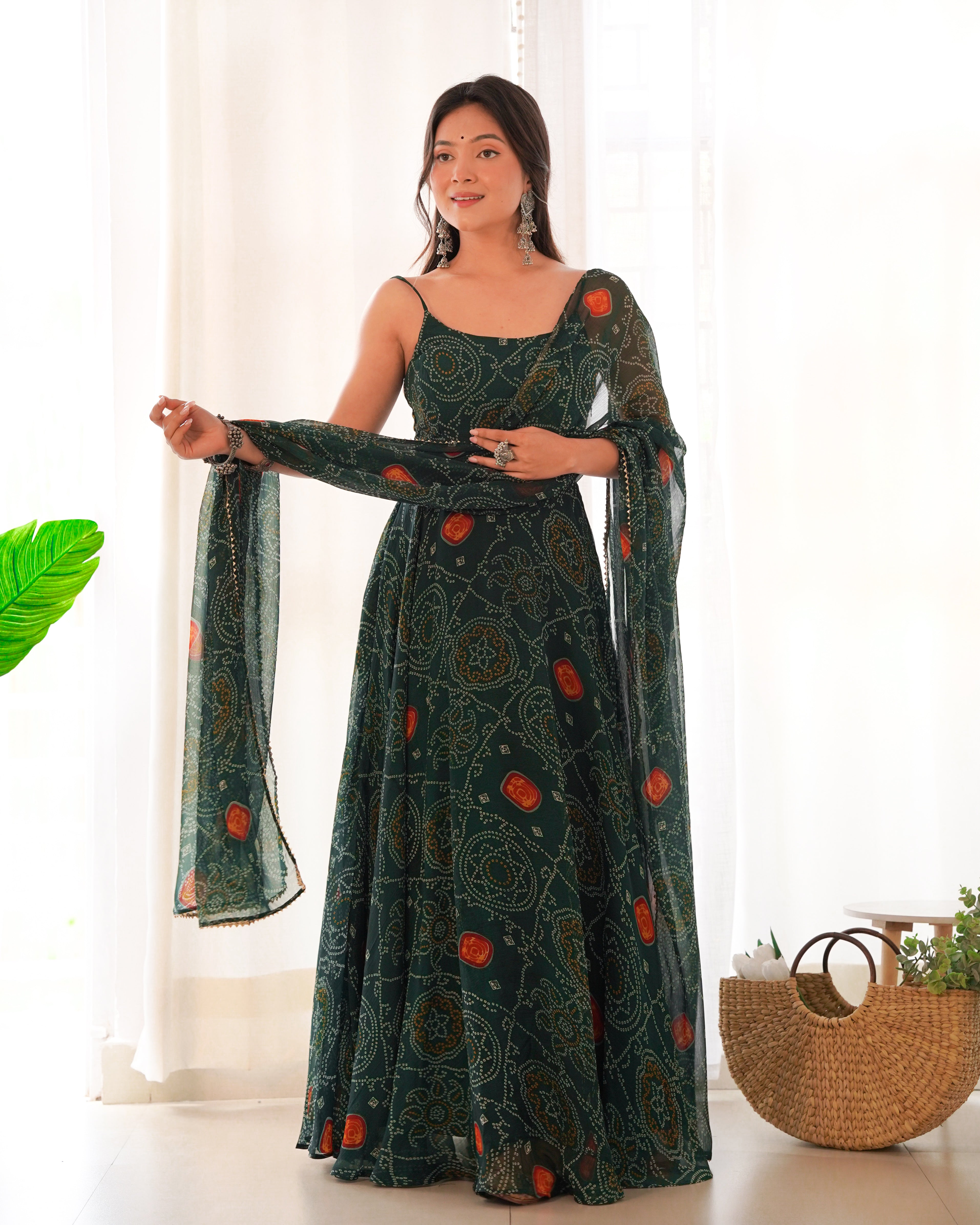 Designer Lightweight Chiffon Bandhej Green Gown Set