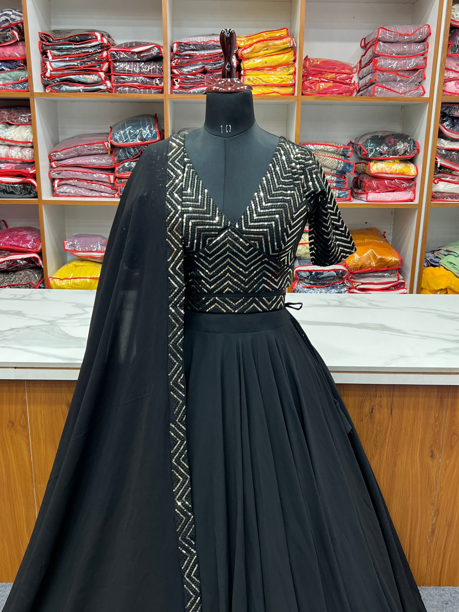 Beautiful Black Color Ready To Wear Georgette Lehenga