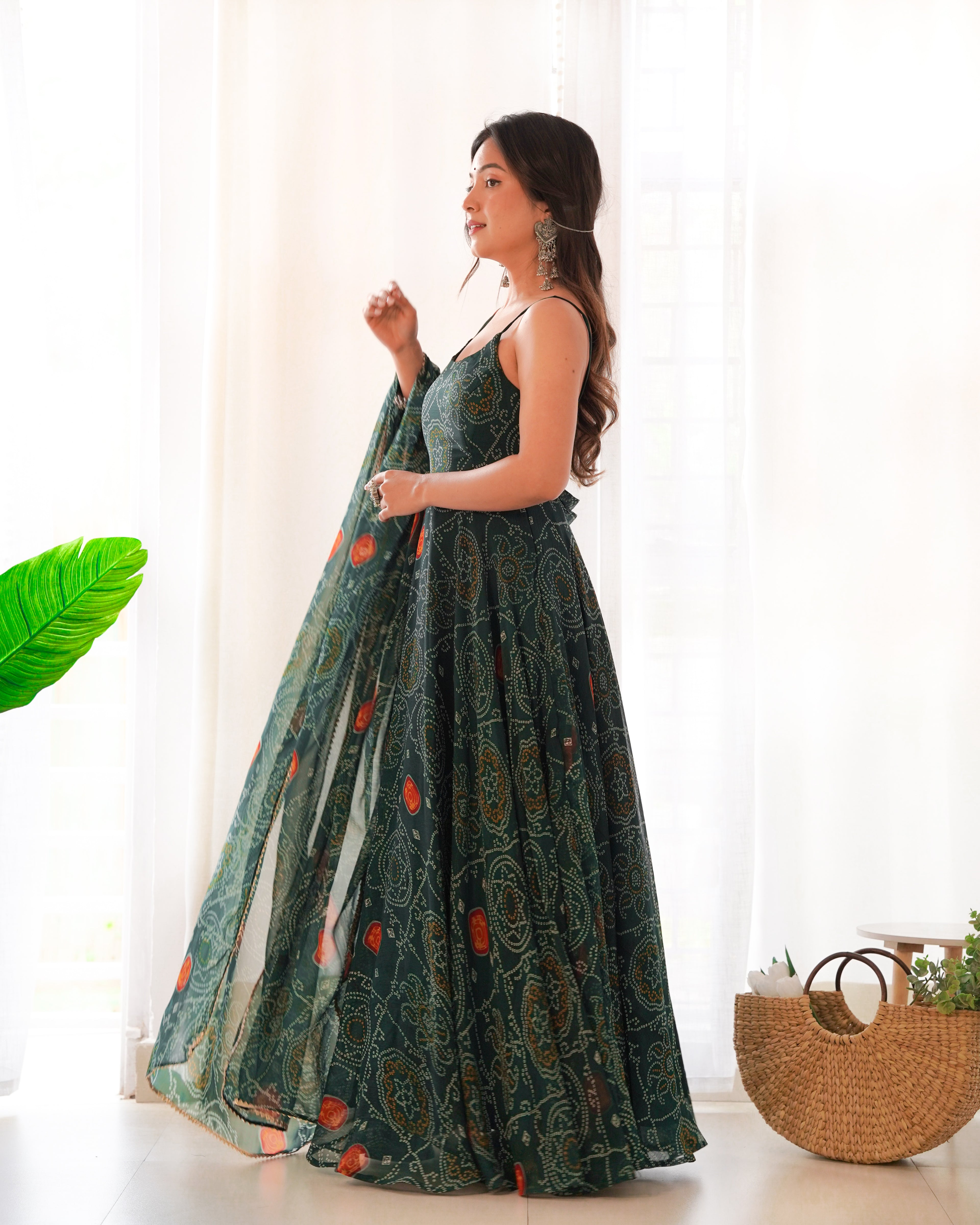 Designer Lightweight Chiffon Bandhej Green Gown Set