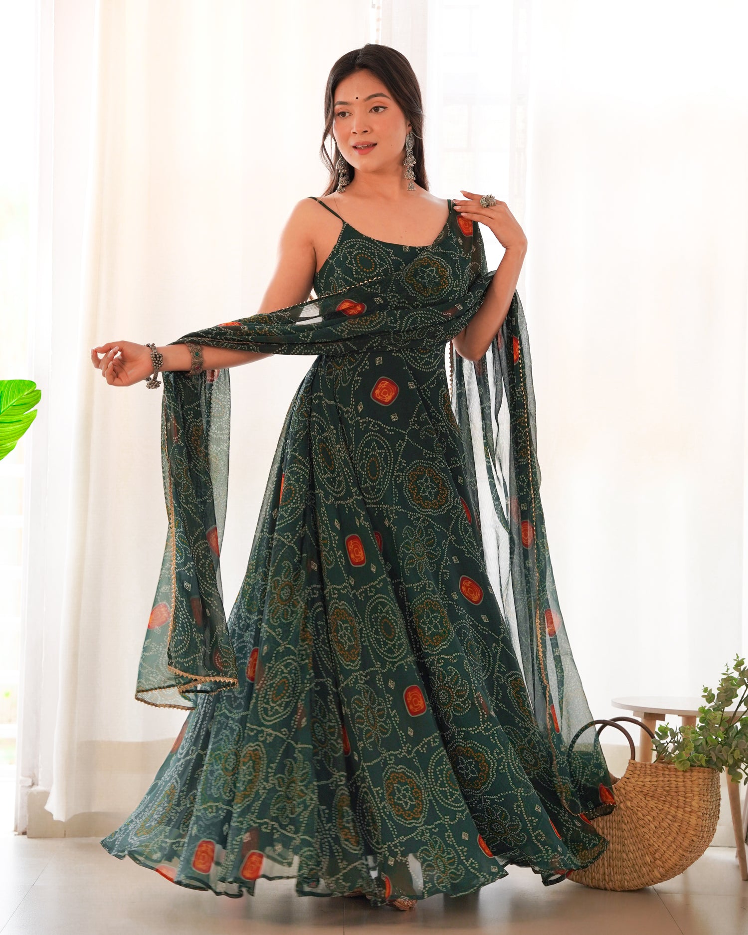 Designer Lightweight Chiffon Bandhej Green Gown Set