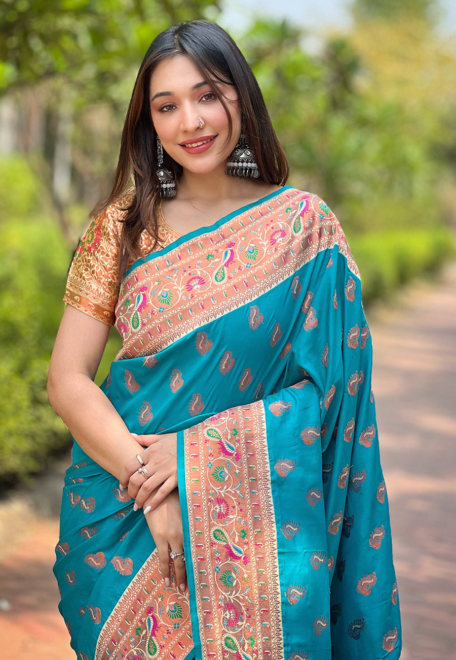 Paithani Silk Heavy Designer Blue Saree