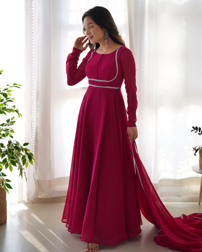 Pure Georgette Heavy Ready To Wear Pink Anarkali Gown Set