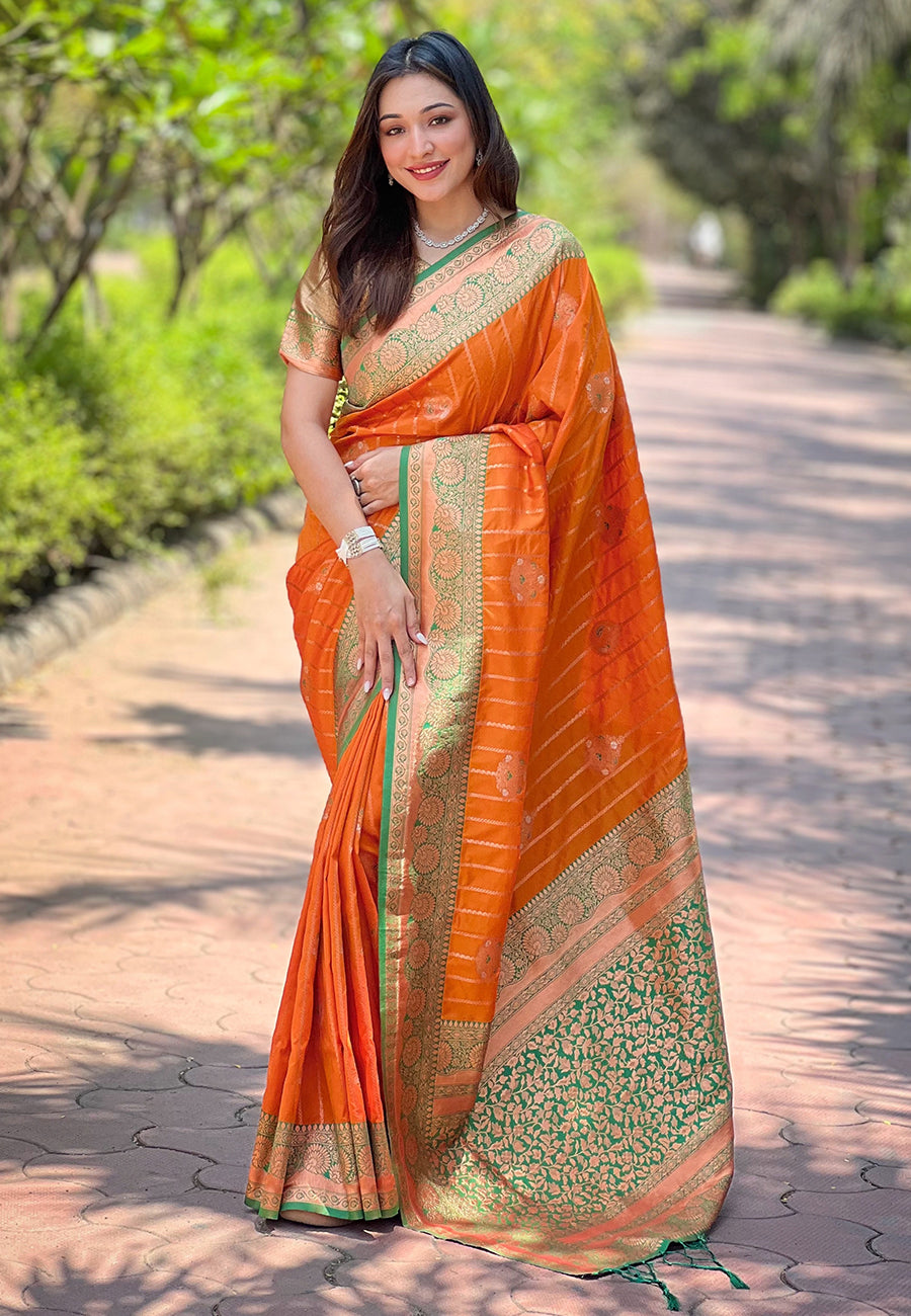 Trending Party Wear Orange Pure Silk Saree