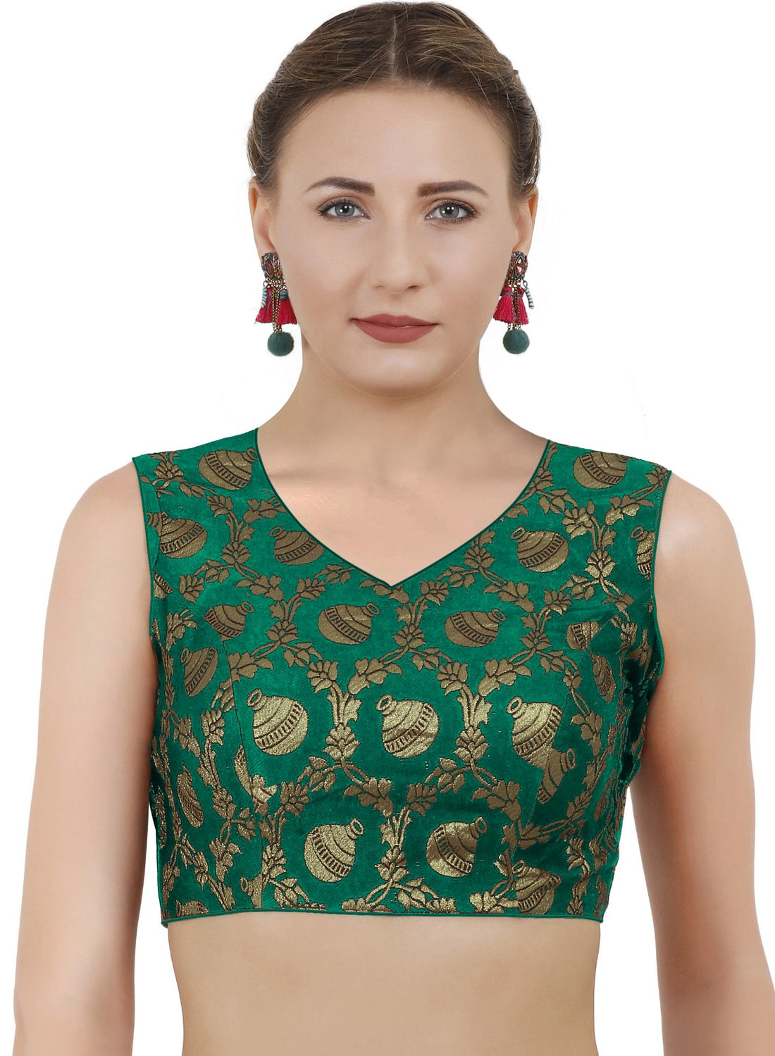 New Design Brocade Sleeveless Green Color Readymade Blouse