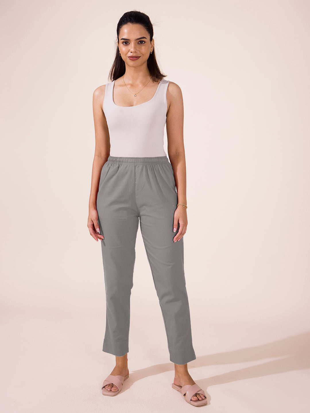 Mid-Rise Cropped Cotton Pant Trousers (Light Grey)