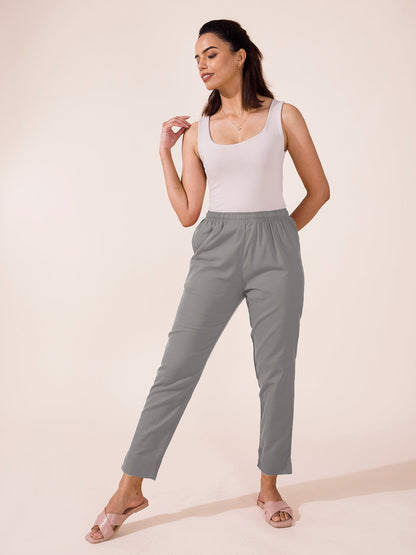 Mid-Rise Cropped Cotton Pant Trousers (Light Grey)