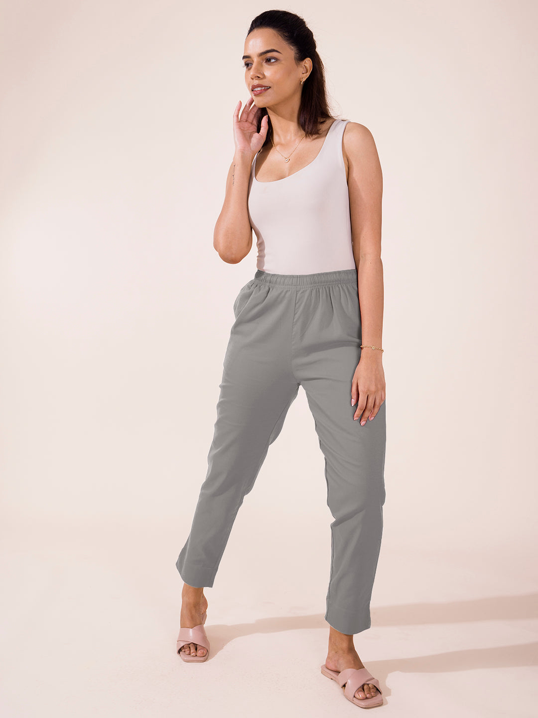 Mid-Rise Cropped Cotton Pant Trousers (Light Grey)